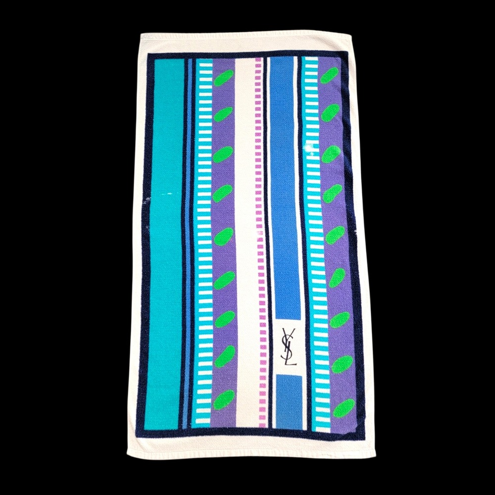 Vtg YSL Yves Saint Laurent Beach Towel Multi Striped Logo Cotton Japan Flaw